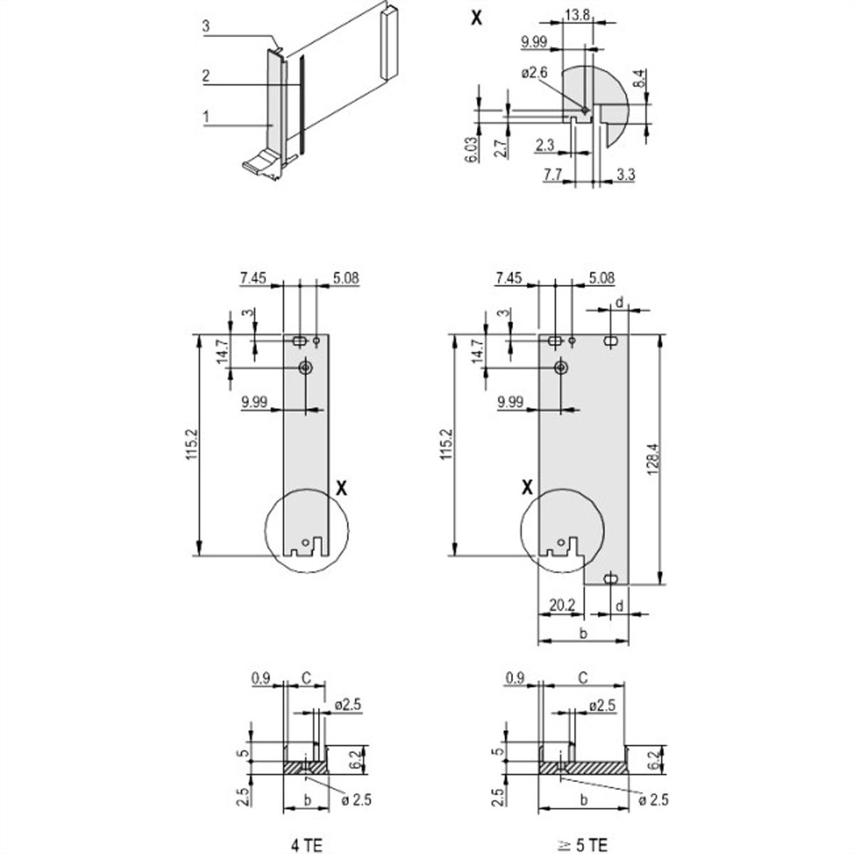 SCHROFF Plug-In Unit U-Profile Face avant pour IEL, IET, Type 2, 3 U, 4 HP, Décalage 0,1", 2,5 mm, Al, Anodisé frontal, Conducteur arrière