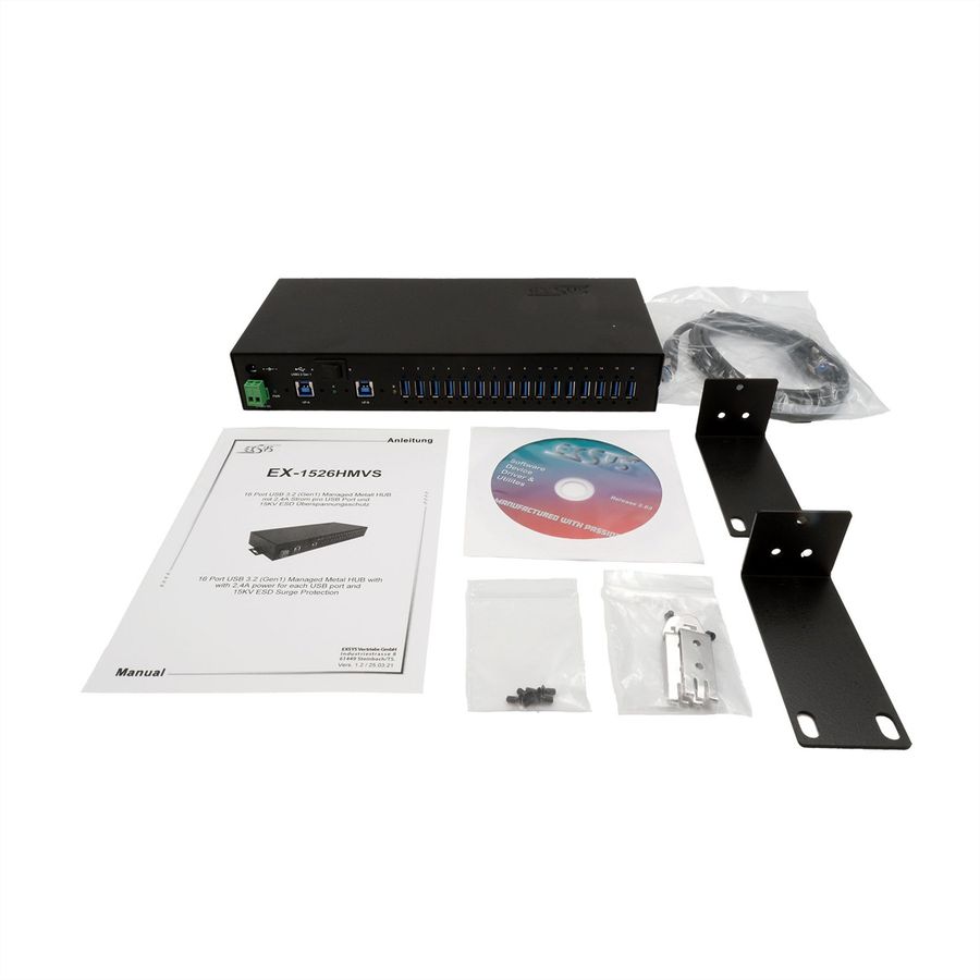 EXSYS EX-1526HMVS Hub USB 3.2 Gen1 métal à 16 ports administré, protection de surtension 15KV ESD