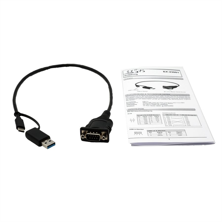 EXSYS EX-23001 Câble USB 2.0 avec connecteur C et A vers 1 x câble série RS-232 avec connecteur 9 broches FTDI Chip-Set