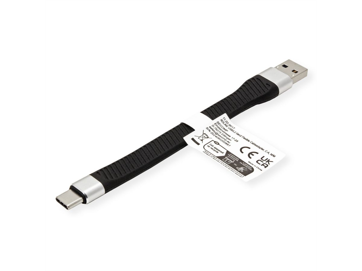 ROLINE Câble USB 3.2 Gen 2 en silicone, C-A, M/M, 10Gbit/s, Emark, noir, 11 cm