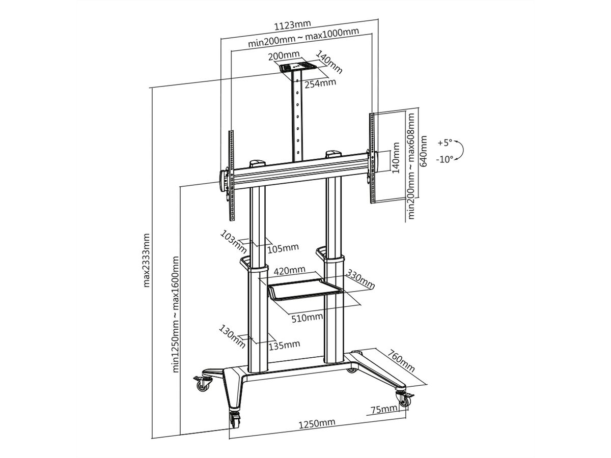 ROLINE Support LCD/TV sur roues, jusqu'à 140 kg, noir