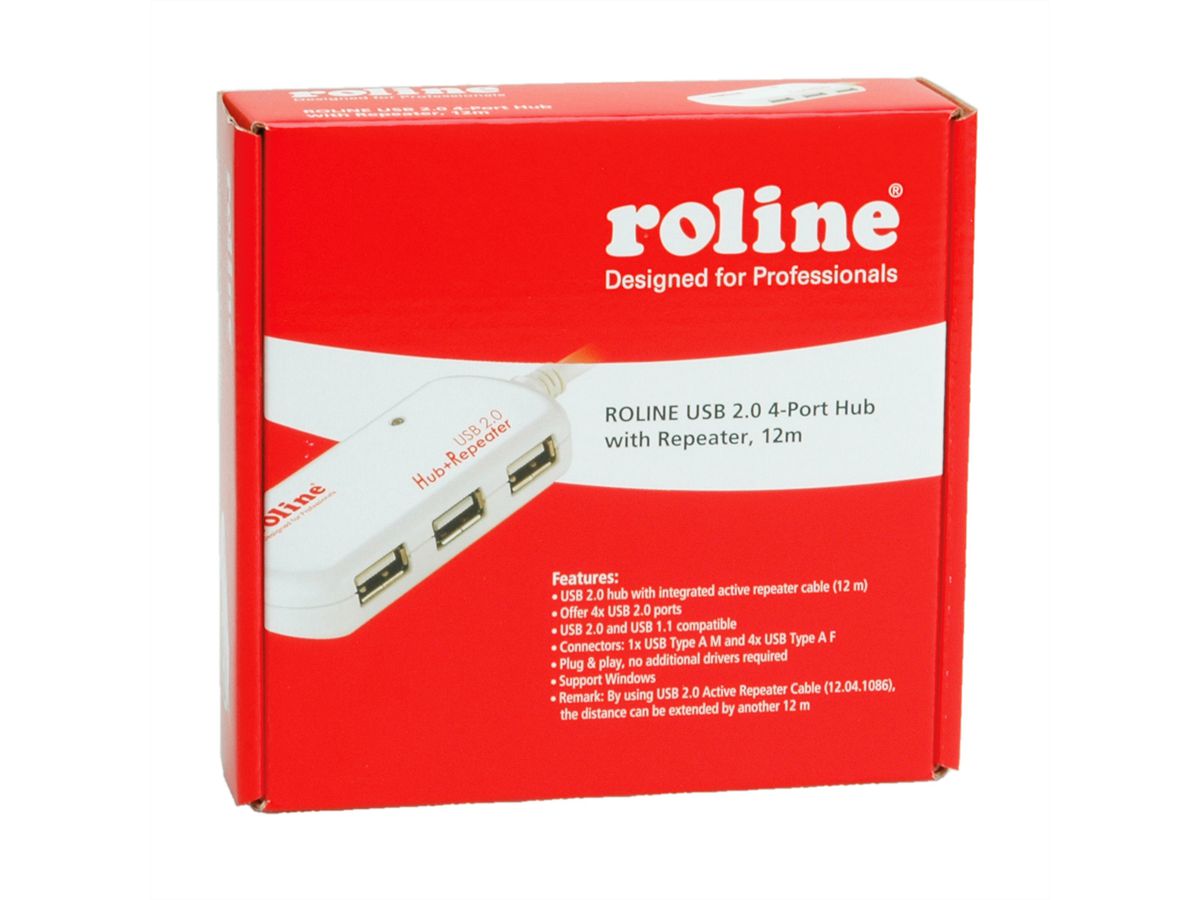 ROLINE Hub USB 2.0 4 ports avec Repeater, 12 m