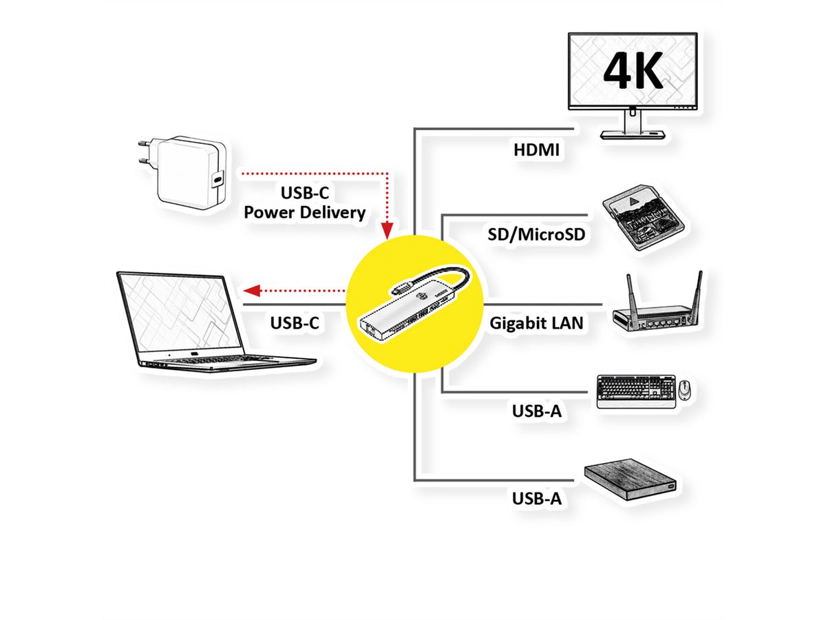 ROLINE Station d'accueil USB 3.2 Gen 2 type C multiports, HDMI 4K60, USB 3.2 Gen2, USB-C PD, LAN, SD-Card Reader