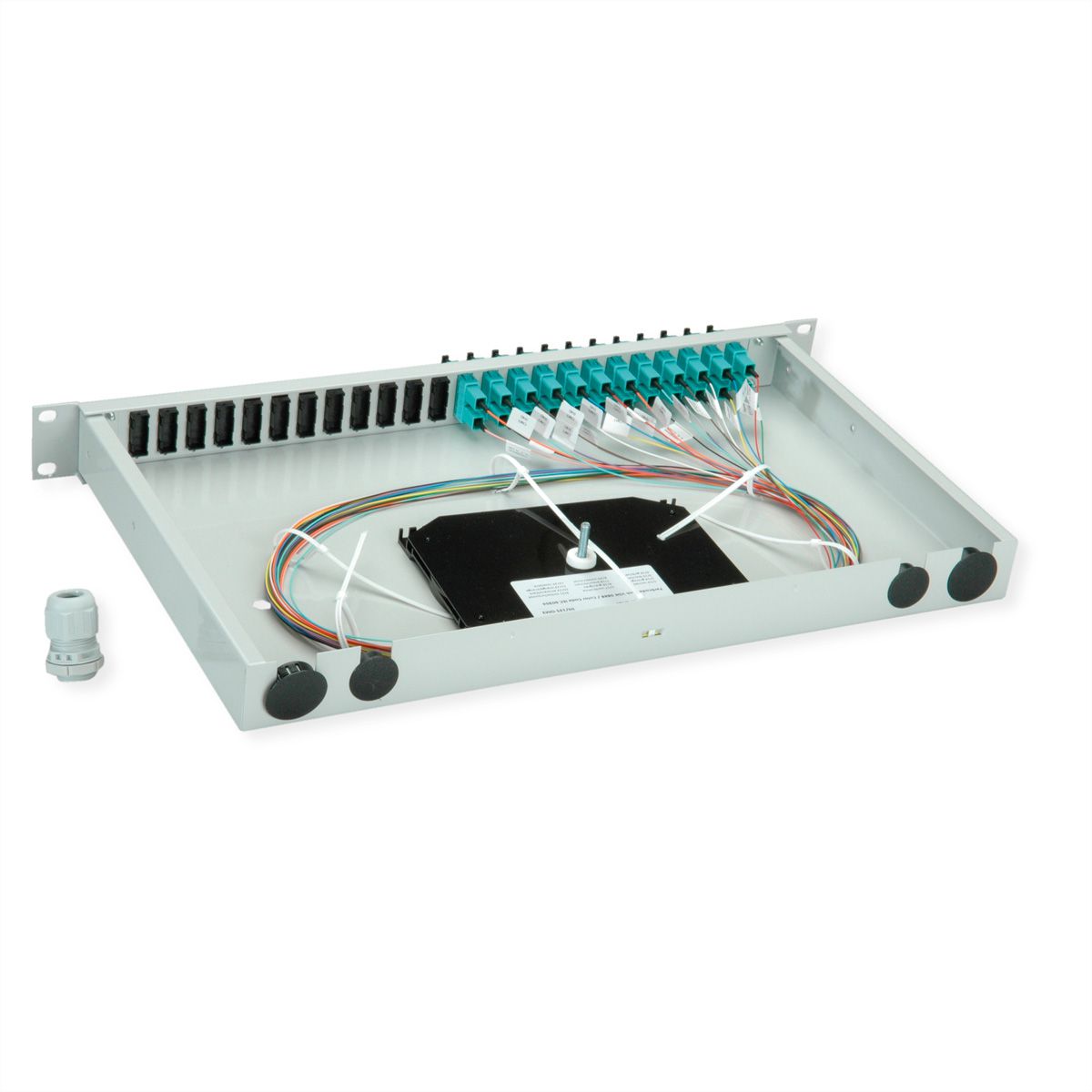 TELEGÄRTNER BASIS eco Panneau FO avec coupleurs et pigtails, 12x SC Duplex, türkis, OM3, Grade C