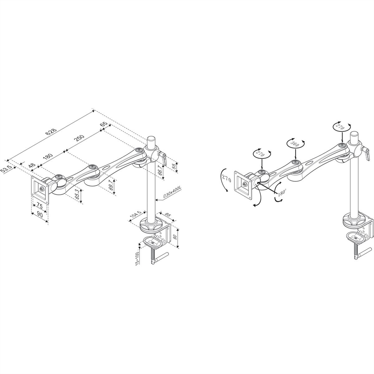 ROLINE Bras LCD pivotant, 4 points, pince de fixation