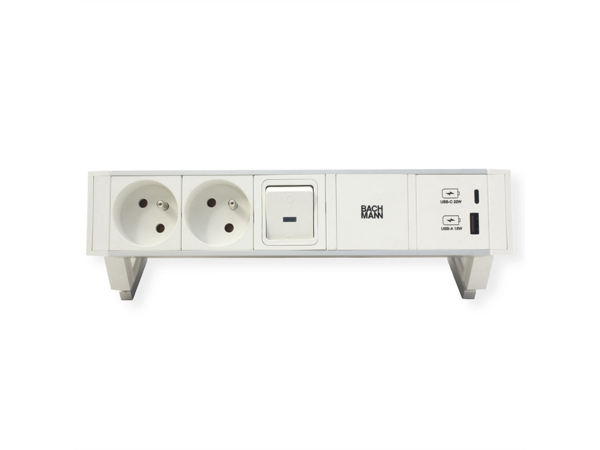 BACHMANN DESK2 ALU WHITE 2xUTE 1xUSB A/C 22W 1xinterrupteur 0,2m