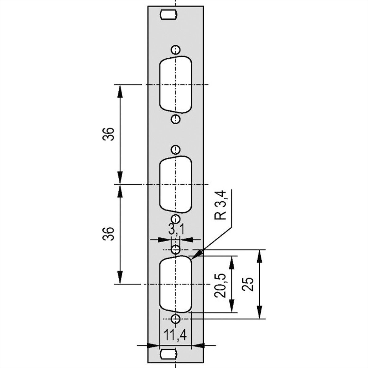 SCHROFF Face avant 19" avec découpe Sub-D, 1x9 broches, 3U, 4 F, 2,5 mm, Al, RAL 7035