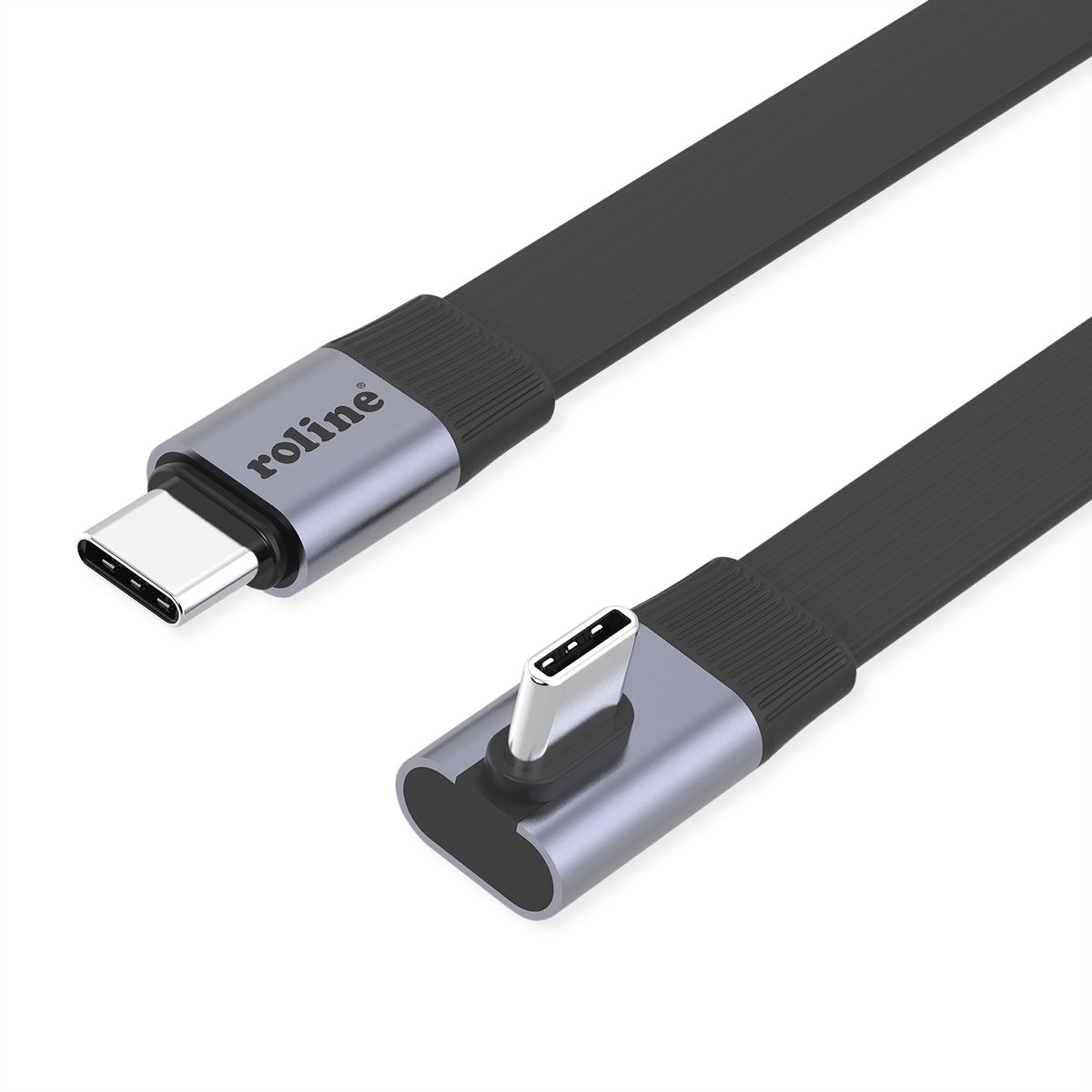 ROLINE Câble USB4 2.0 plat, C–C, M/M, 8K UHD-2, 80Gbit/s, 240W, un côté coudé à 90°, noir, 0,8 m