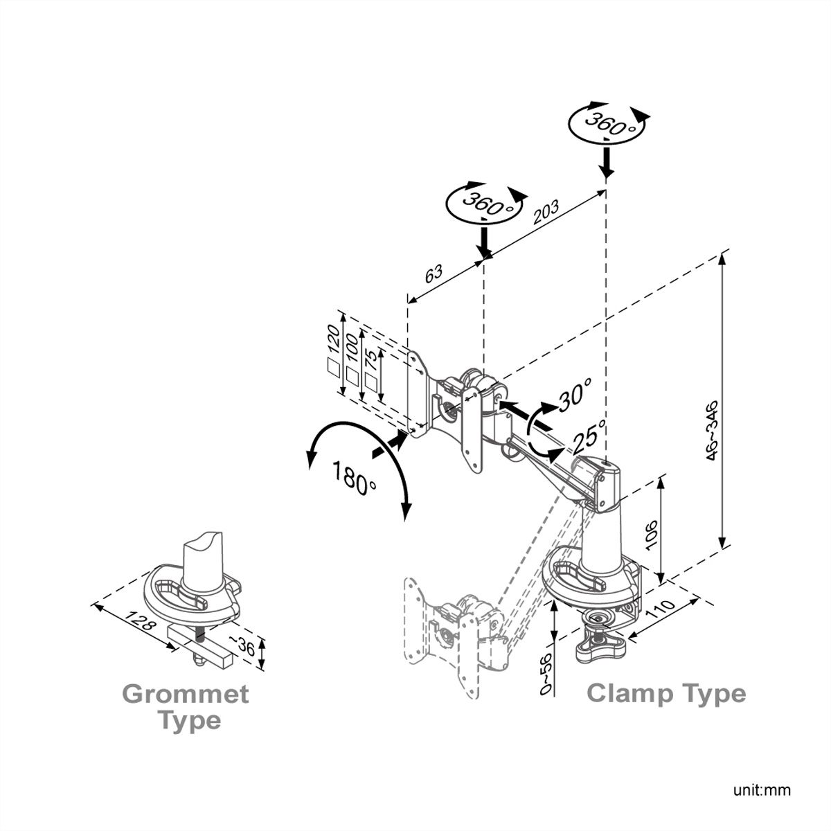 ROLINE Bras pour LCD, montage sur bureau, Gaz, 4 articulations