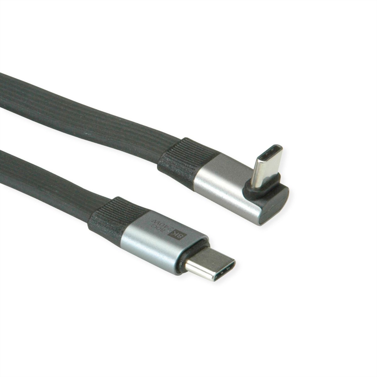 ROLINE Câble USB4 2.0 plat, C–C, M/M, 8K UHD-2, 80Gbit/s, 240W, un côté coudé à 270°, noir, 0,8 m