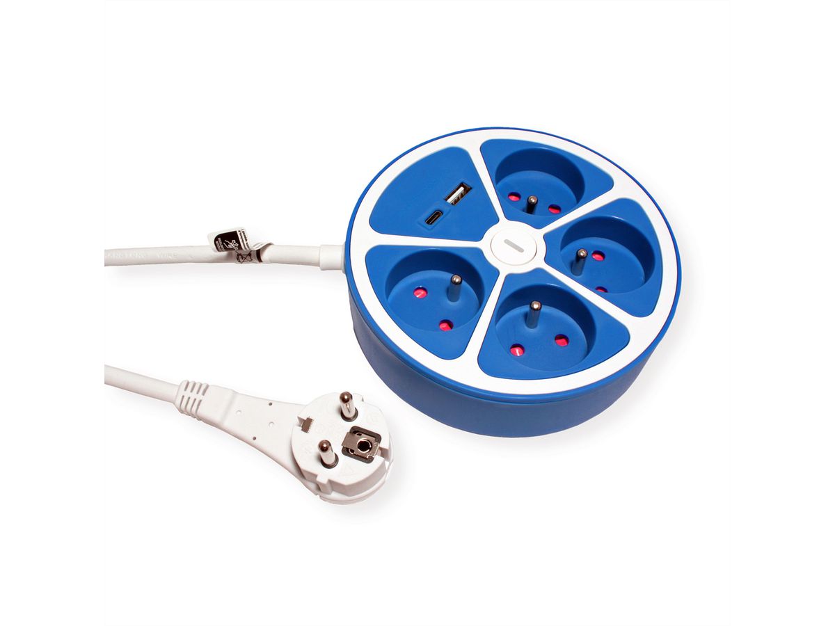 ROLINE Prise multiple, 4 ports avec interrupteur, rond, Version UTE, Fast Charger, 1x USB A+C, bleu, 1,5 m