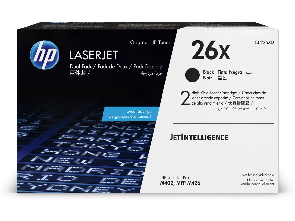 HP 26X LaserJet, lot de 2 cartouches de toner grande capacité authentiques, noir
