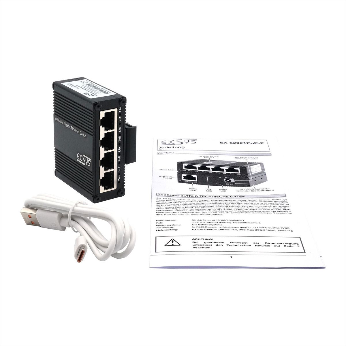 EXSYS EX-62021PoE-P Micro commutateur industriel Gigabit PoE à 5 ports, non géré