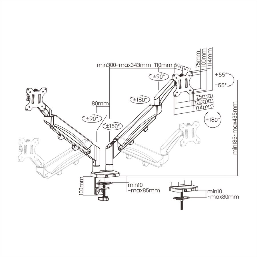 VALUE Bras double LCD, fixation sur bureau, vérin à gaz, 6 articulations