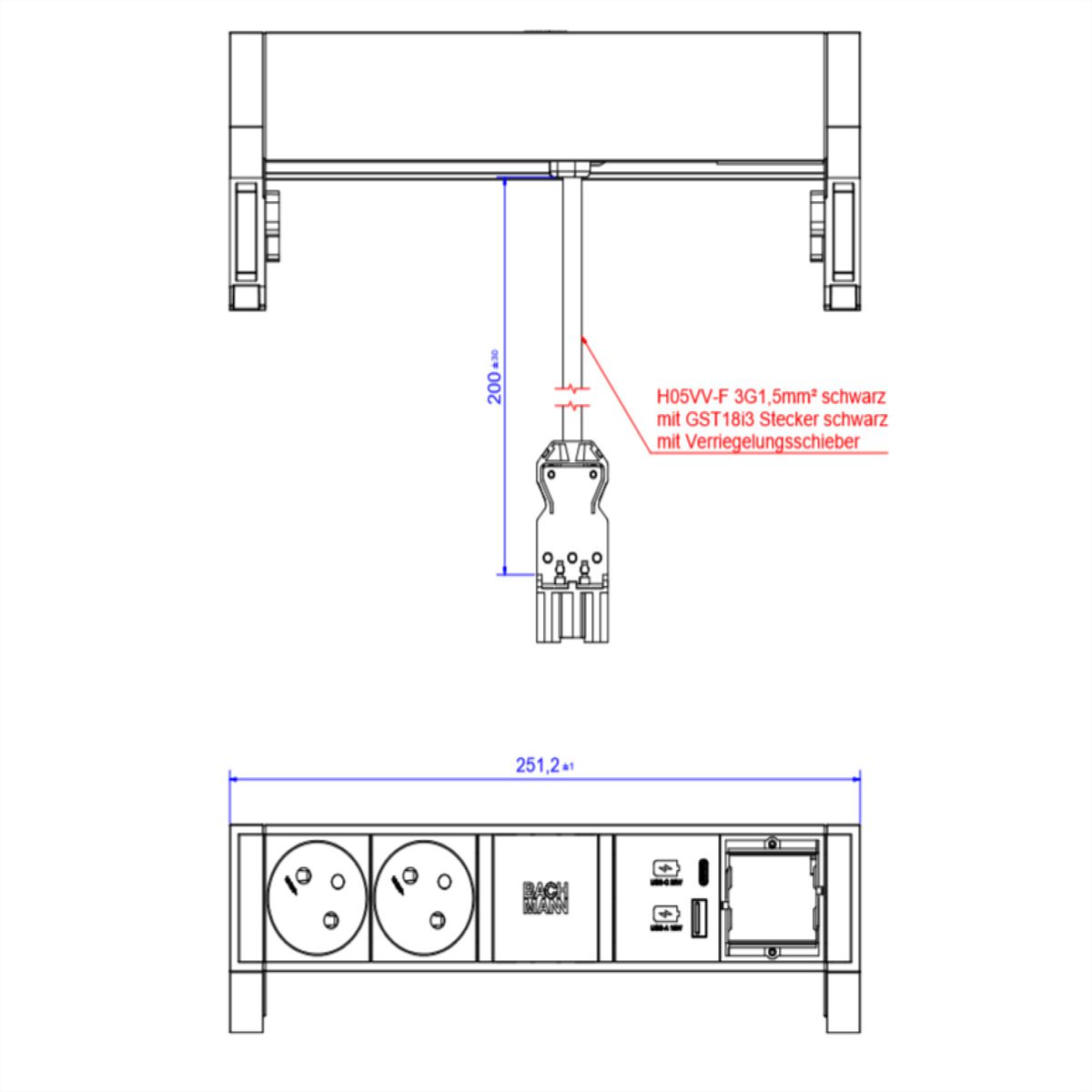 BACHMANN DESK2 ALU BLACK 2xUTE 1xCM 1xUSB A/C 22W 0,2m GST18