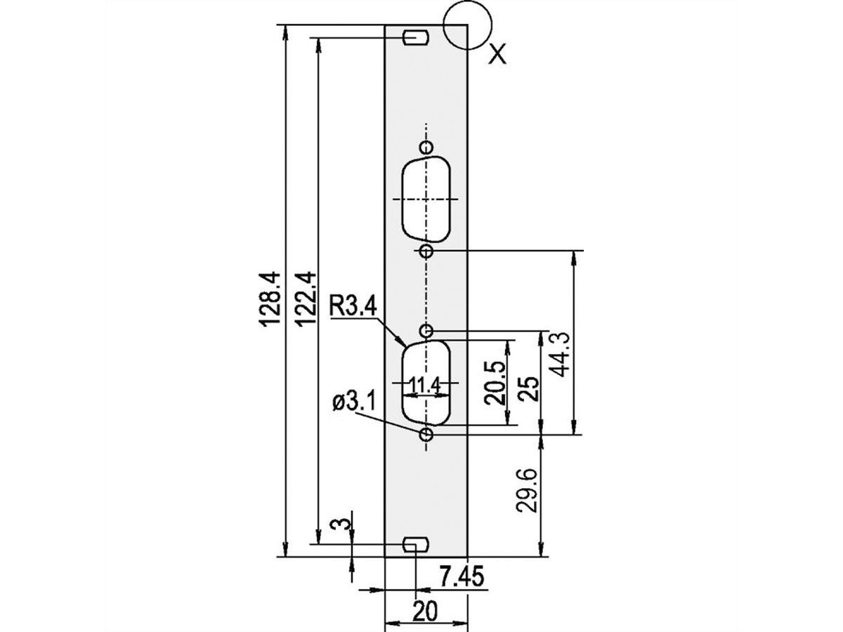 SCHROFF Face avant, plate, Refrofit Shielding, D-Sub Cutout, 3 U, 4 HP, 2 x 9 broches, 2,5 mm, alu, anodisé avant, conducteur arrière