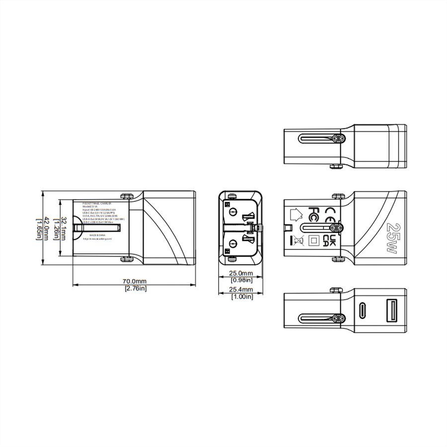 VALUE Chargeur de voyage USB avec prise UK/US/Euro, 2 ports, 1x QC3.0 A + 1x C (PD), 25W