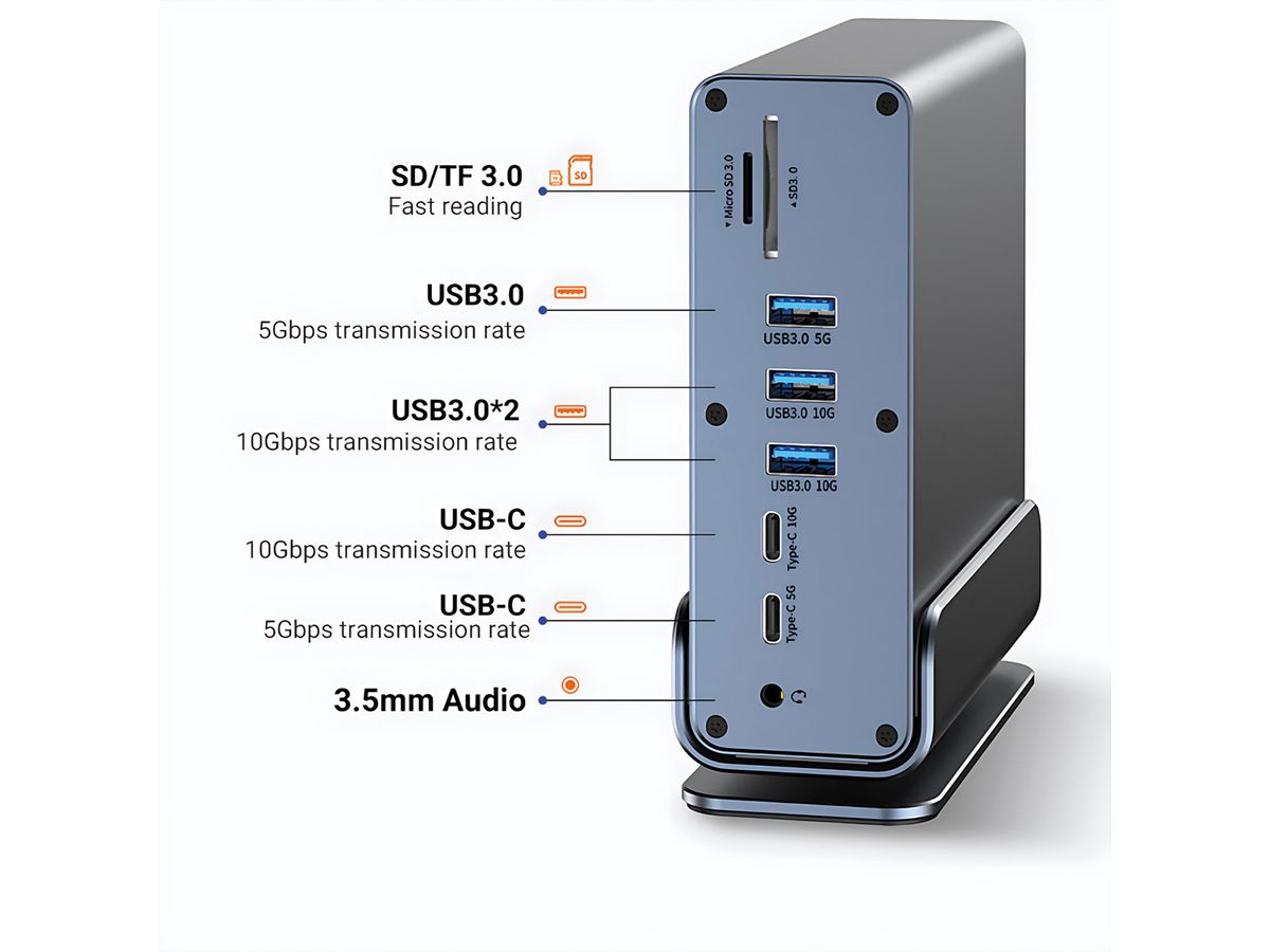 VALUE Station d'accueil USB type C 16 en 1, HDMI/DP 4K60, Gigabit Ethernet, USB-A, USB-C, PD, SD/microSD, Audio
