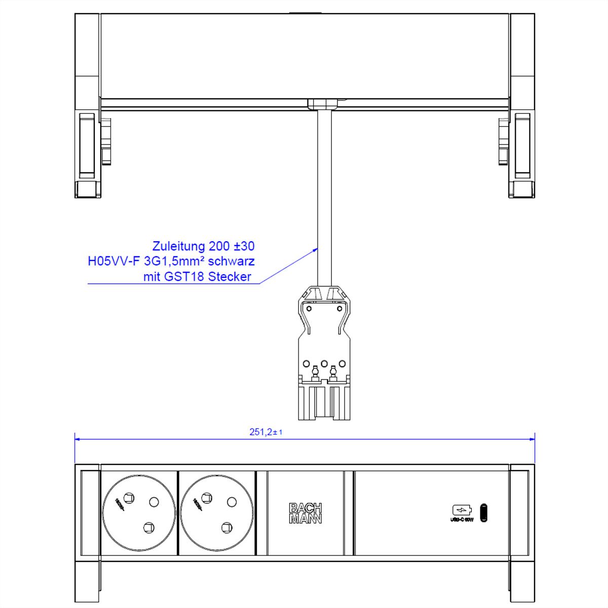 BACHMANN DESK2 2xUTE 1xUSB C 60W 0,2m GST18 RAL9005