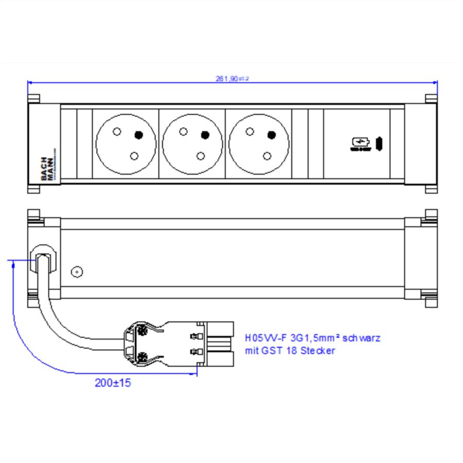 BACHMANN POWER FRAME M 3xUTE 1xUSB C 30W 0,2m GST18
