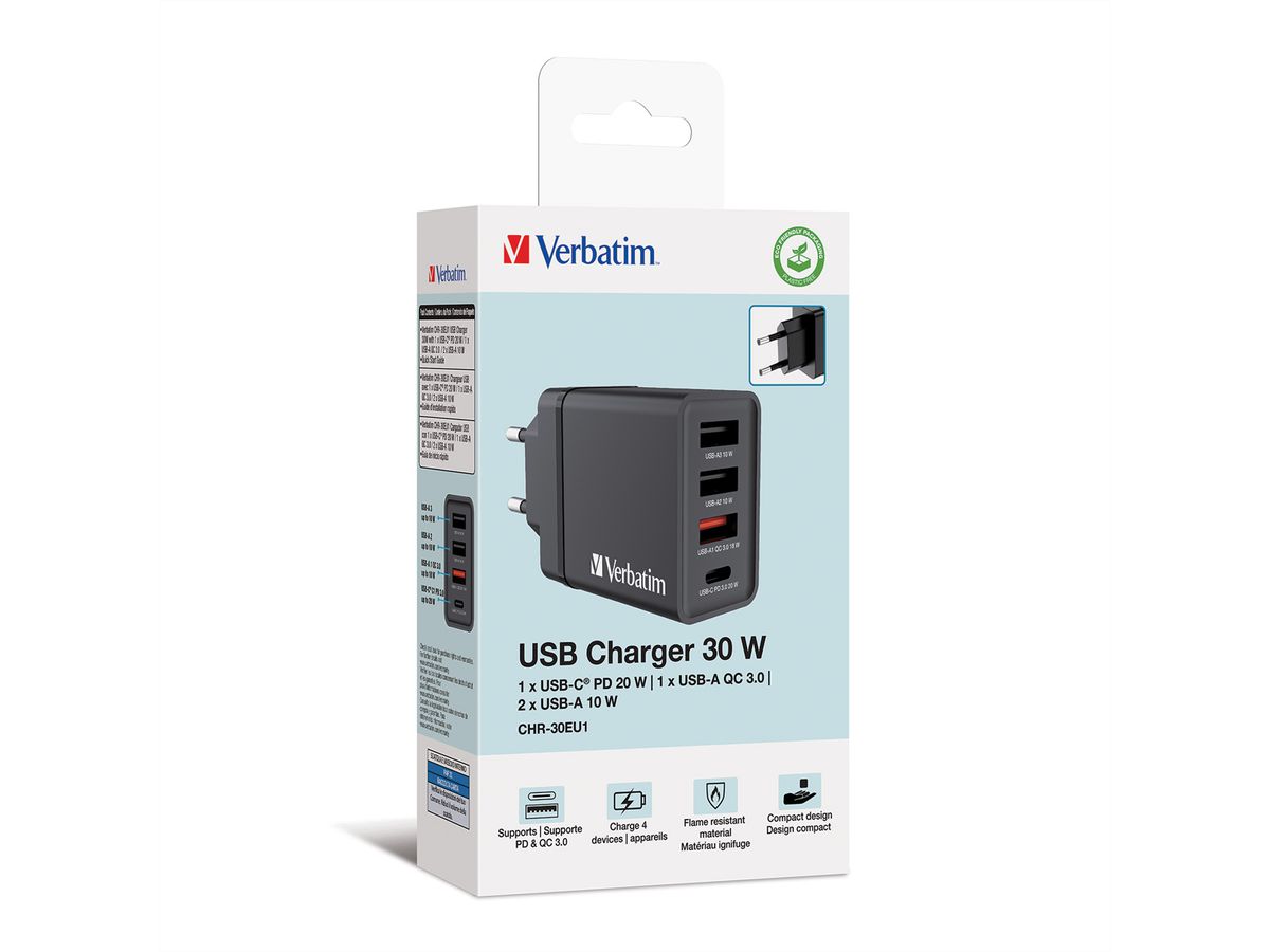 VERBATIM Chargeur USB mural 4 ports 30 W noir