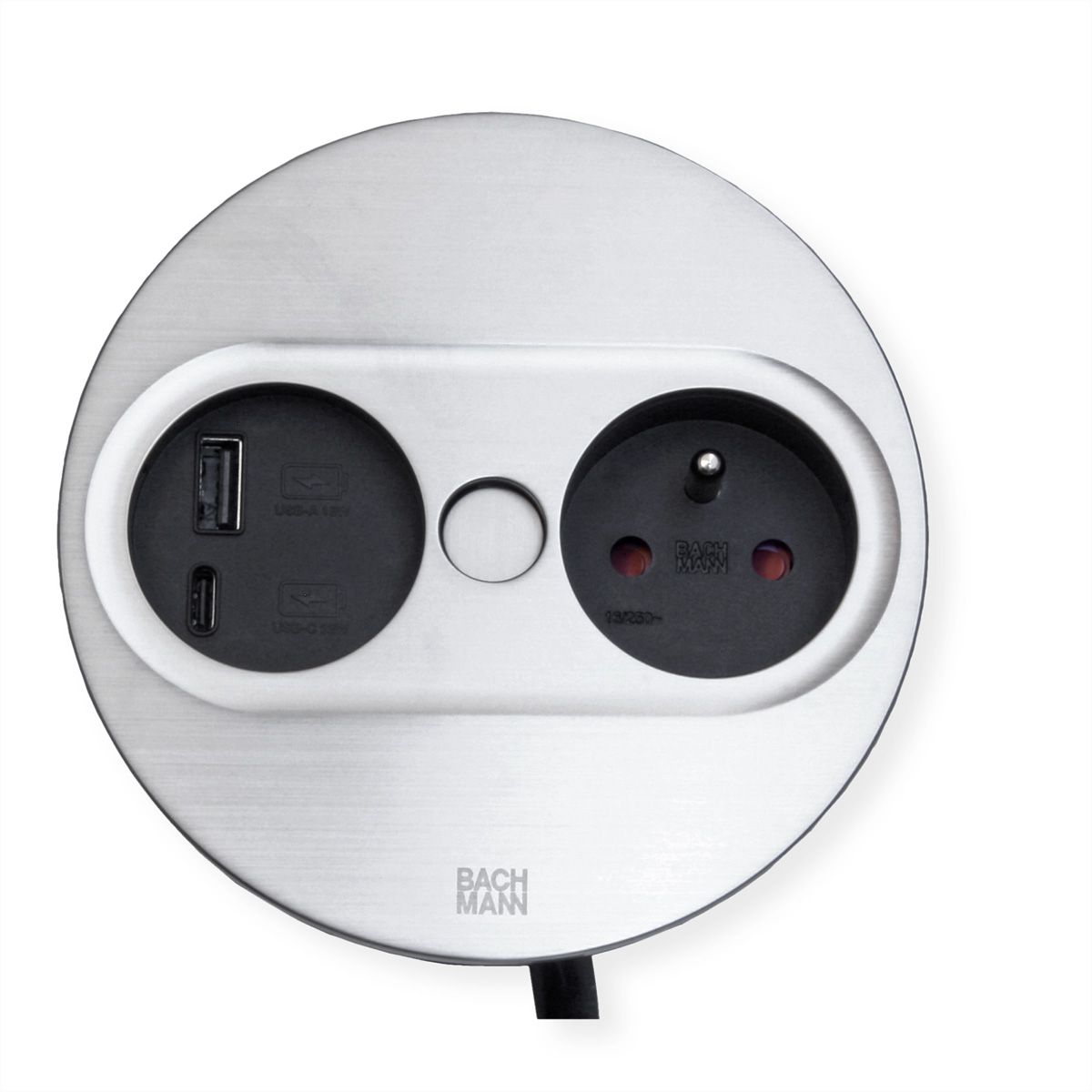 BACHMANN TWIST 2 1xUTE 1xUSB A/C 22W 2,0m AEH aspect inox rond, Mesure p.Sd. H05VV-F 3G2,5 CEE3x16A LAN
