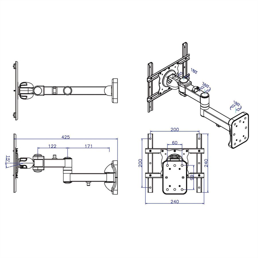 ROLINE Bras pour écran LCD, montage mural, 5 pivots
