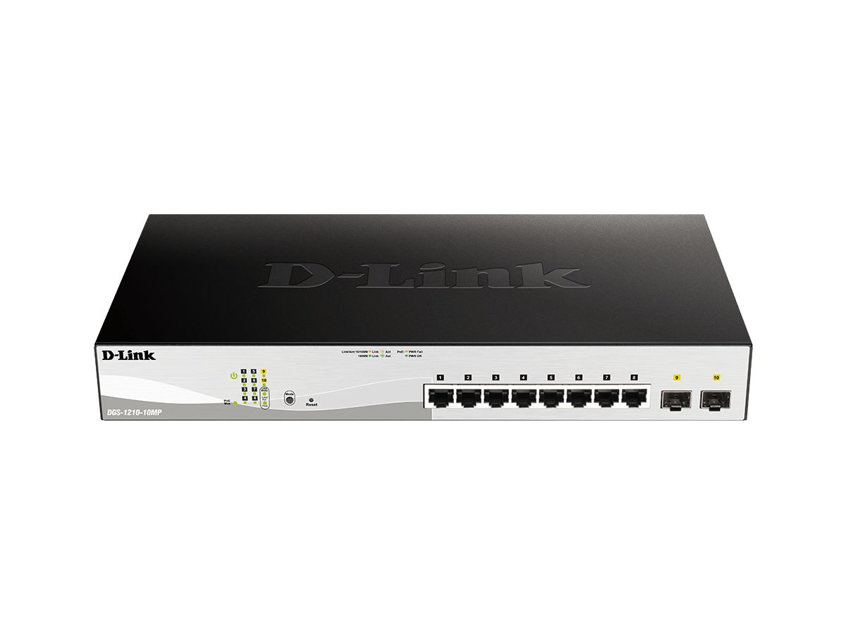 D-Link 10-Port Layer2 PoE+ Smart Managed Gigabit Switch8 x 10/100/1000Mbit/s TP (RJ-45) PoE Port, Port 1-8 802.3at Power-over-Ethernet bis 30 Watt Leistung pro Port2x 100/1000Mbit/s SFP Slot802.3x Flow Control, 802.3ad Link Aggregation und statische Trunk