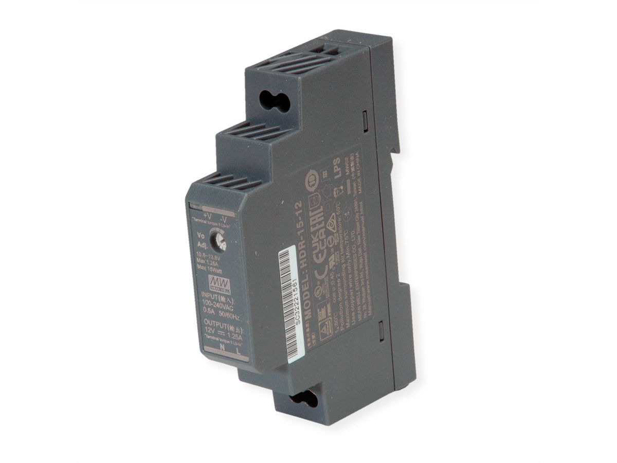 MEAN WELL HDR-15-12 Alimentation industrielle DIN 15W 12V DC, anthracite