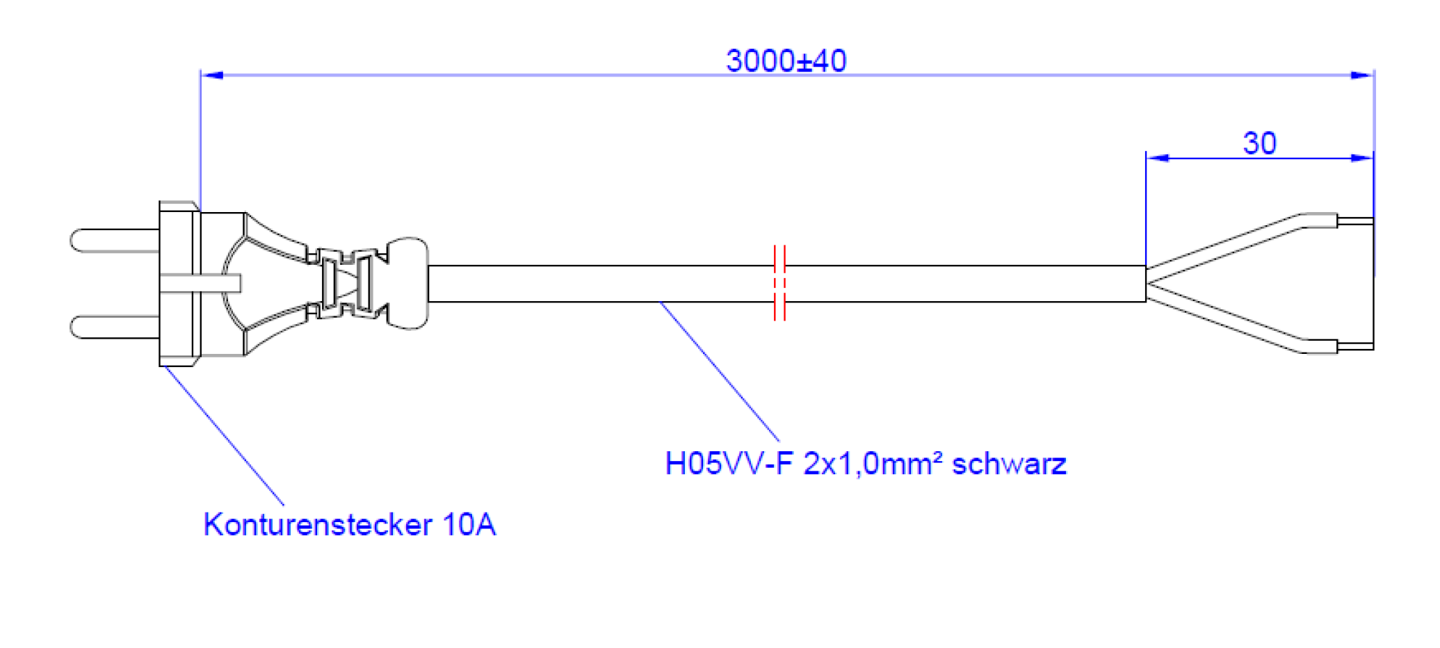 BACHMANN Câble avec connecteur 2x1,0 3m, H05VV-F noir Connecteur/fils ouverts