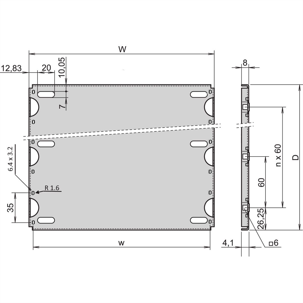 Plaque de montage SCHROFF pour coffret et bac à cartes 19", 63 HP, 220 mm de longueur de carte