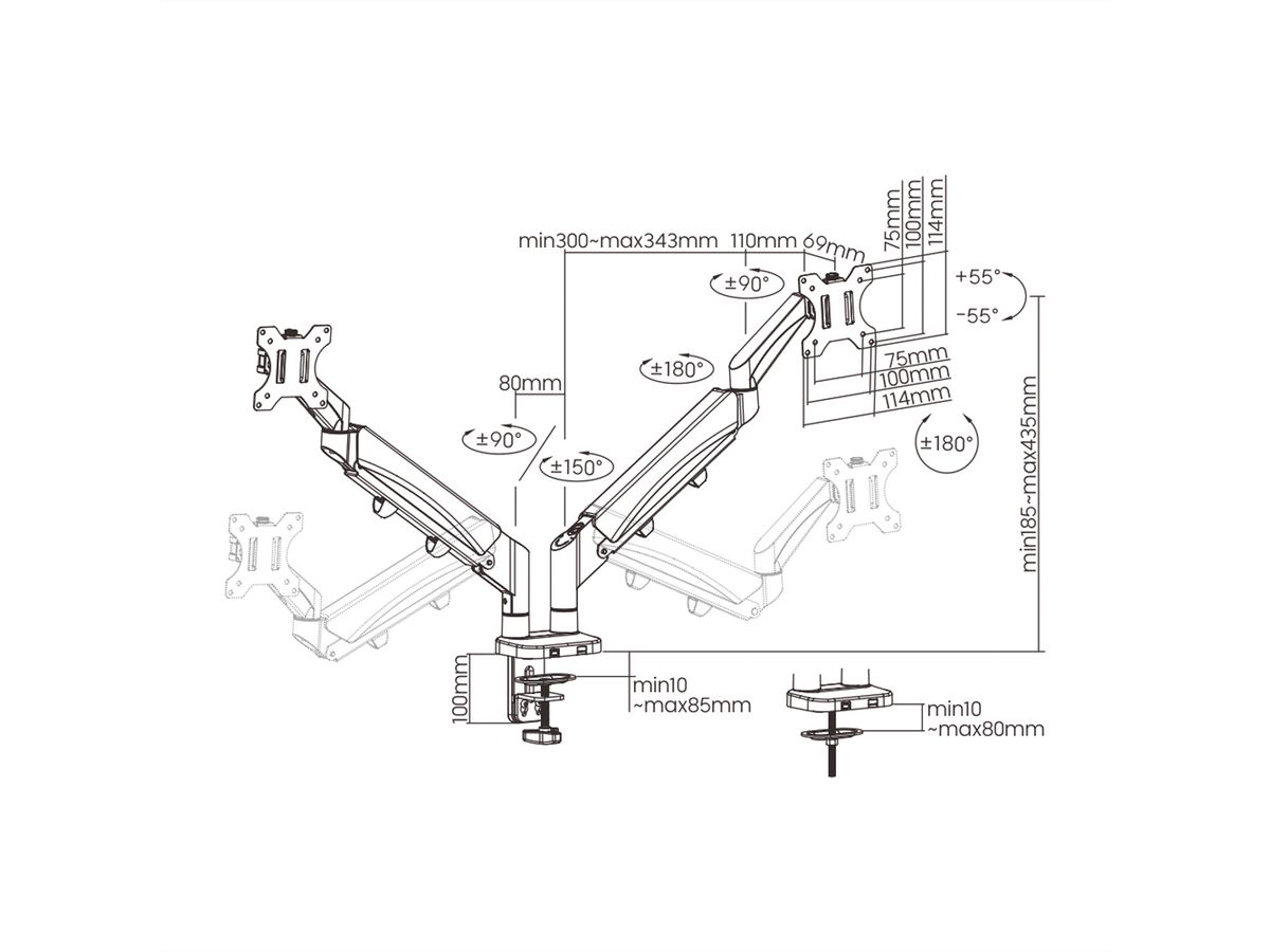 VALUE Bras double LCD, fixation sur bureau, vérin à gaz, 6 articulations