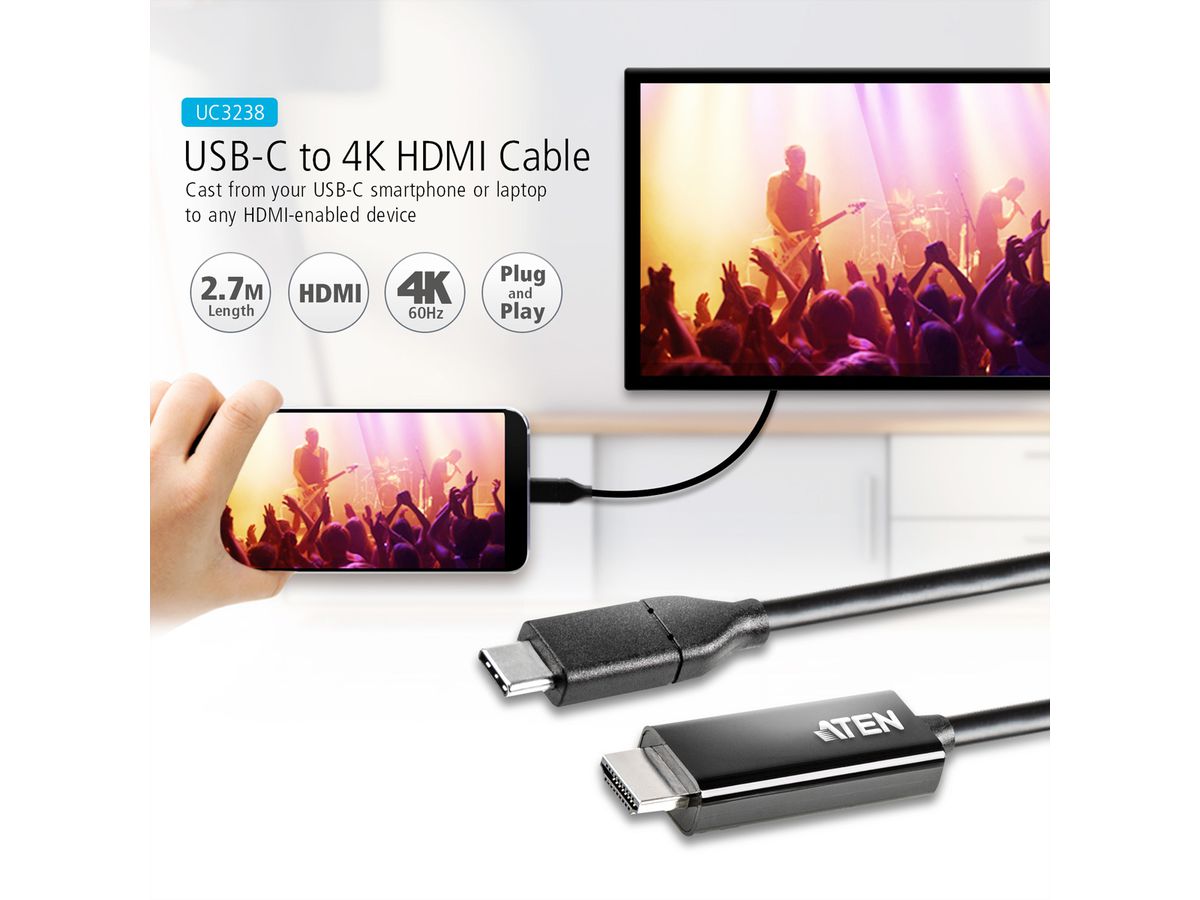 ATEN UC3238 Convertisseur USB-C à HDMI 4K, 2,7 m