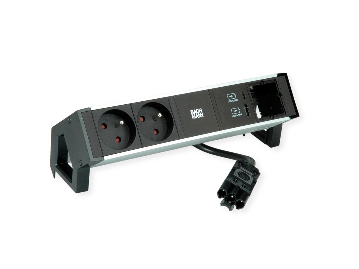 BACHMANN DESK2 ALU BLACK 2xUTE 1xCM 1xUSB A/C 22W 0,2m GST18