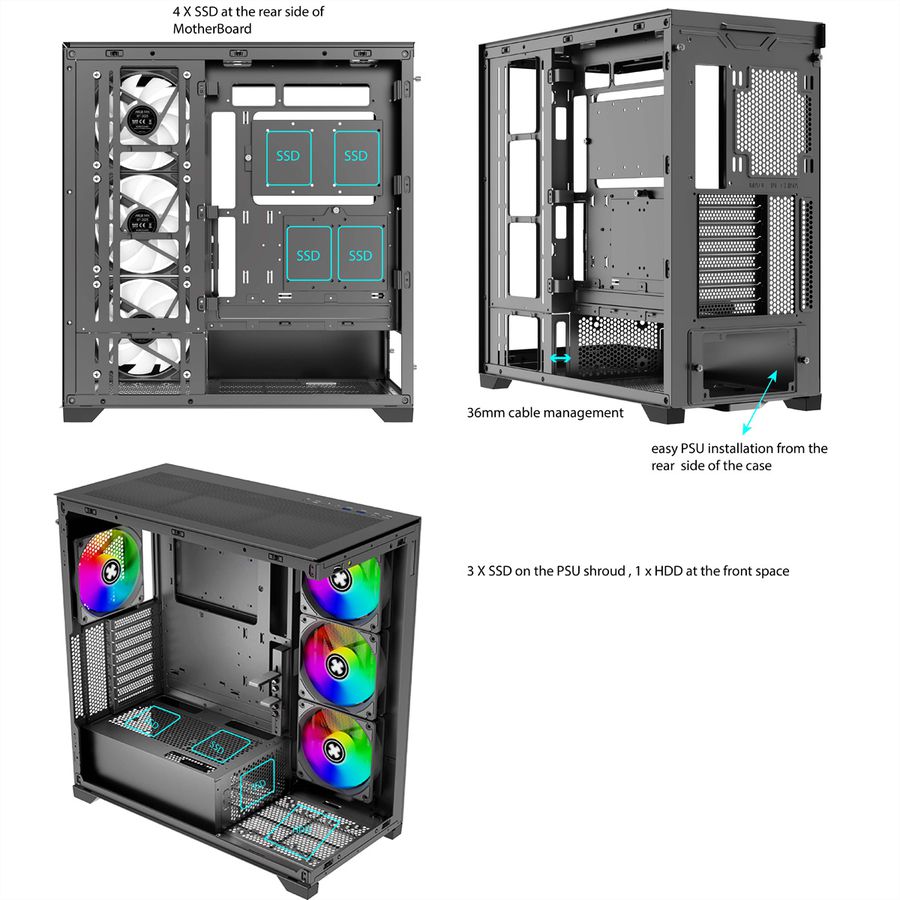 XILENCE Xilent Gleam X818.ARGB Gaming ATX PC noir, Tour RGB ATX Midi