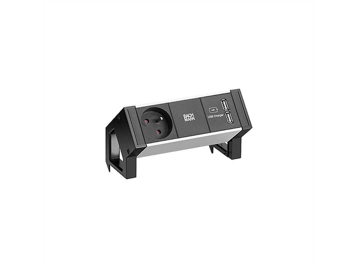 BACHMANN DESK2 ALU BLACK 1xUTE 1xUSB Charger 0,2m GST18