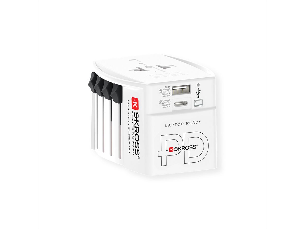 SKROSS Adaptateur de voyage MUV USB A/C 45PD avec câble USB-C, monde
