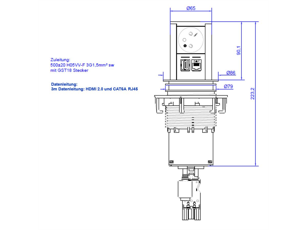 BACHMANN ELEVATOR 1xUTE 1xHDMI 1xCAT6A 90° 0,5m GST18