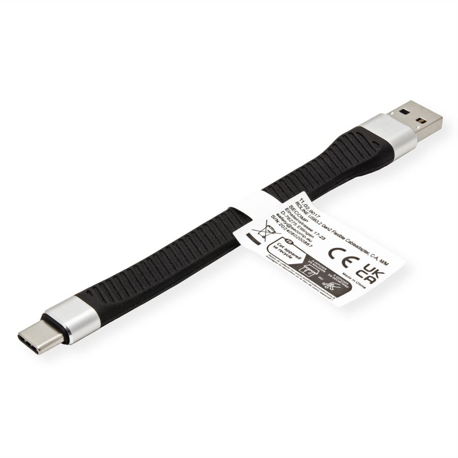 ROLINE Câble USB 3.2 Gen 2 en silicone, C-A, M/M, 10Gbit/s, Emark, noir, 11 cm
