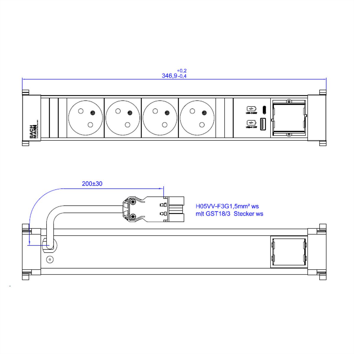 BACHMANN POWER FRAME 4xUTE 1xUSB A/C 22W 0,2m GST18