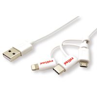 ROLINE Câble de charge et synchronisation, 8 Pin/USB MicroB / Type C pour Apple et Android, blanc, 1 m