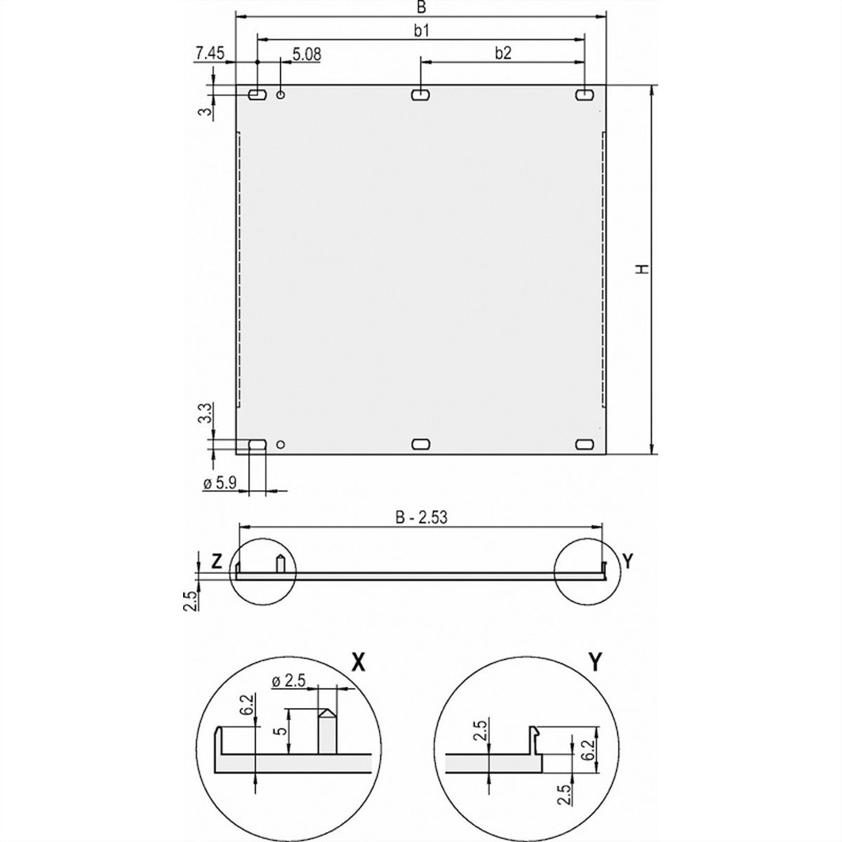 SCHROFF Face avant, profil en U, Refrofit Shielding, 4 U, 84 HP, 2,5 mm, alu, face avant anodisée, face arrière conductrice