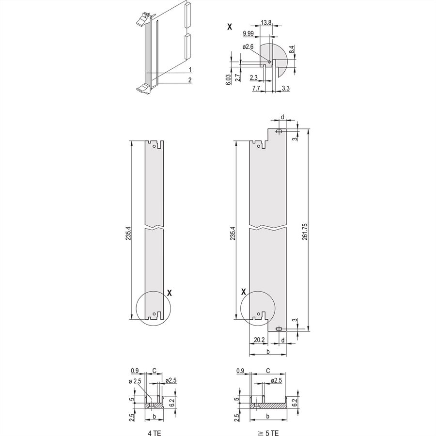 SCHROFF Plug-In Unit U-Profile Face avant pour IEL, IET, Type 2, 3 U, 6 HP, Décalage 0,1", 2,5 mm, Al, Anodisé frontal, Conducteur arrière