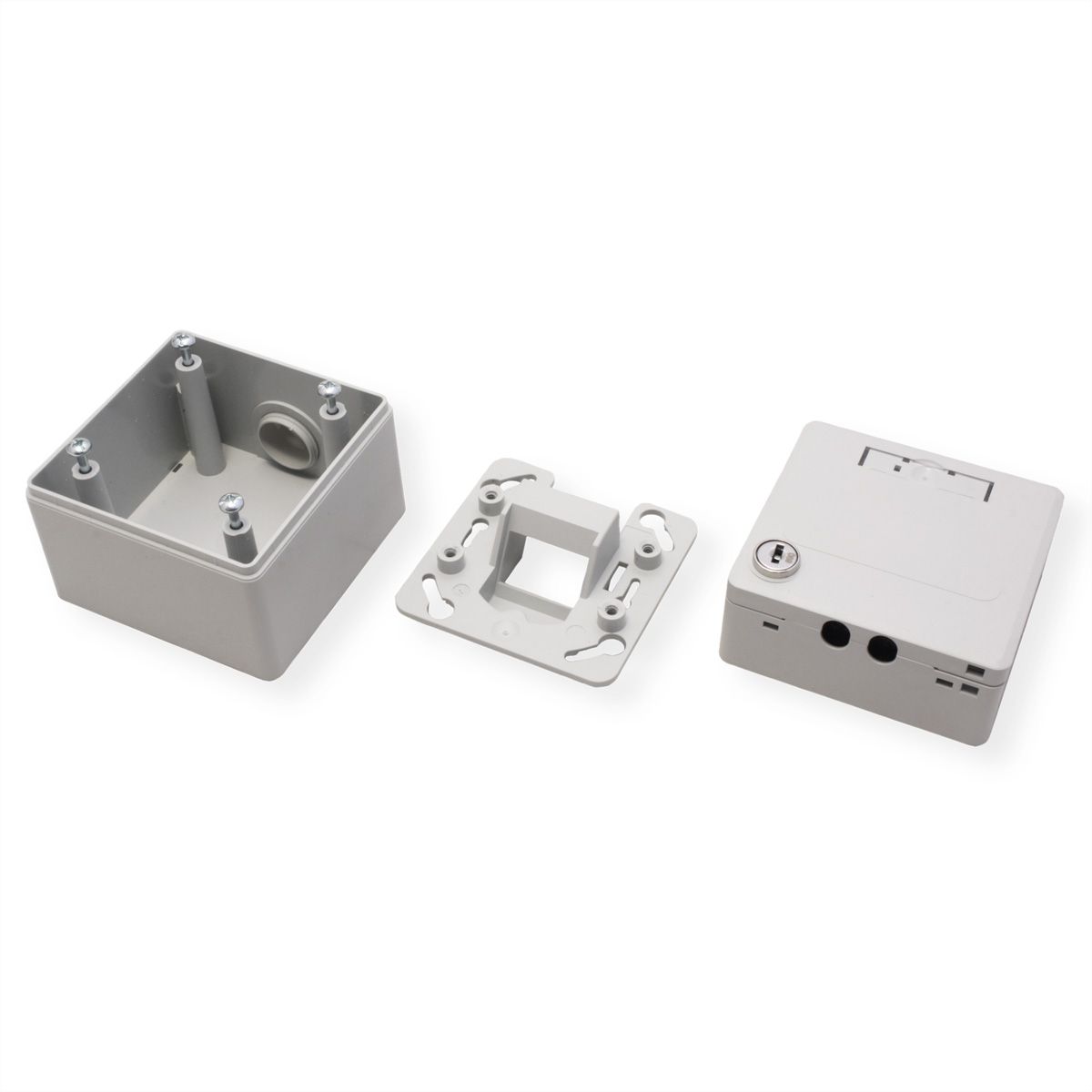 METZ CONNECT Boîtier apparent pour module IP44 , Couvercle rabattable + serrure, 2 ports non équipés , gris