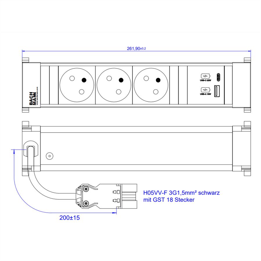 BACHMANN POWER FRAME M 3xUTE 1xUSB A&C 22W 0,2m GST18