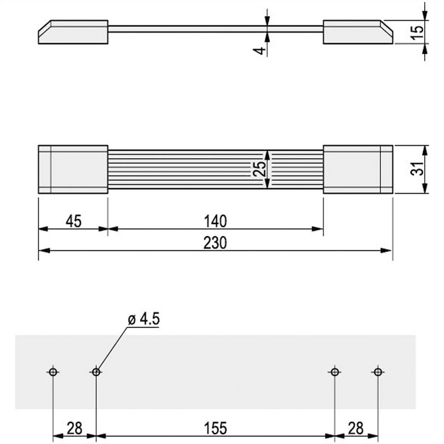 Poignée universelle SCHROFF, largeur 25 mm, 230 mm