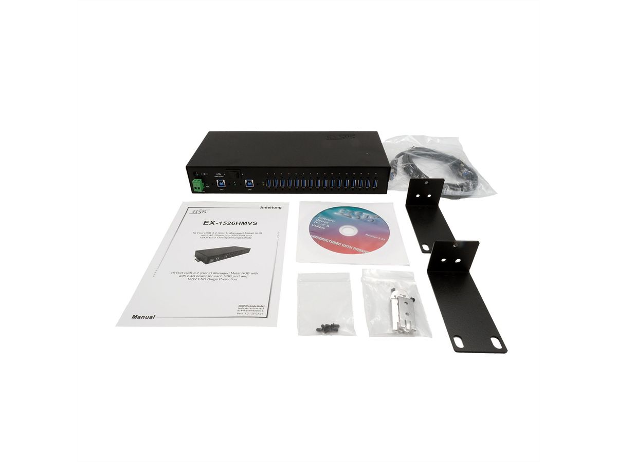 EXSYS EX-1526HMVS Hub USB 3.2 Gen1 métal à 16 ports administré, protection de surtension 15KV ESD