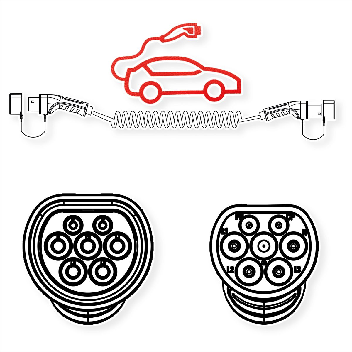 ROLINE Câble de recharge VE type2, 1-Phase, 250VAC (1P+N+E), 32 A, 7,4 kW, spirale (max. 3m)
