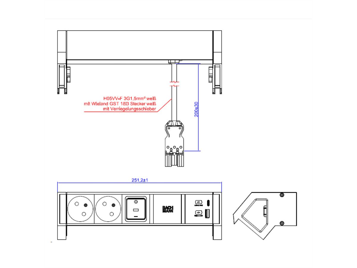 BACHMANN DESK2 white 2xUTE 1xinterrupteur 1xUSB A/C 22W 0,2m GST18