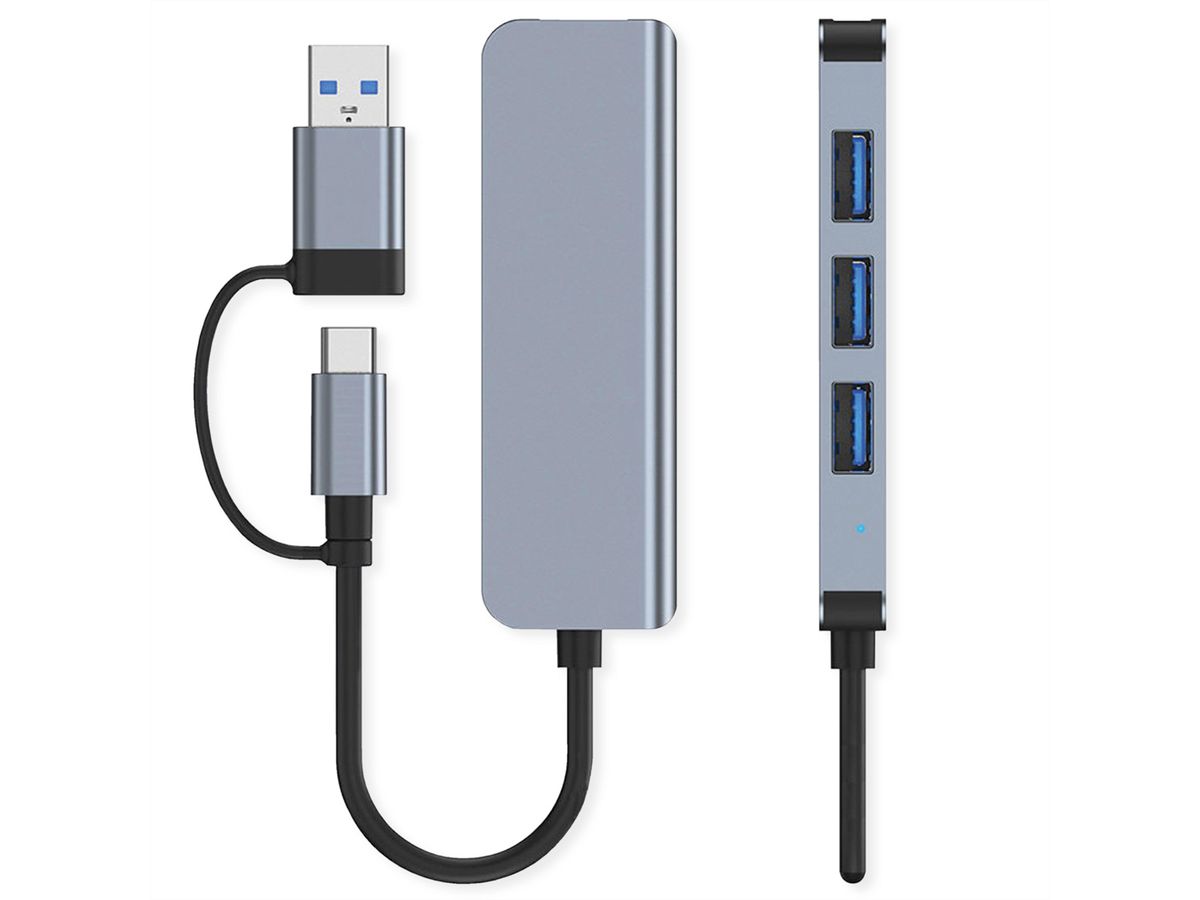 VALUE Hub métallique 4 ports type A, (1x USB 3.2Gen1 + 3x USB 2.0), câble de raccordement type A+C